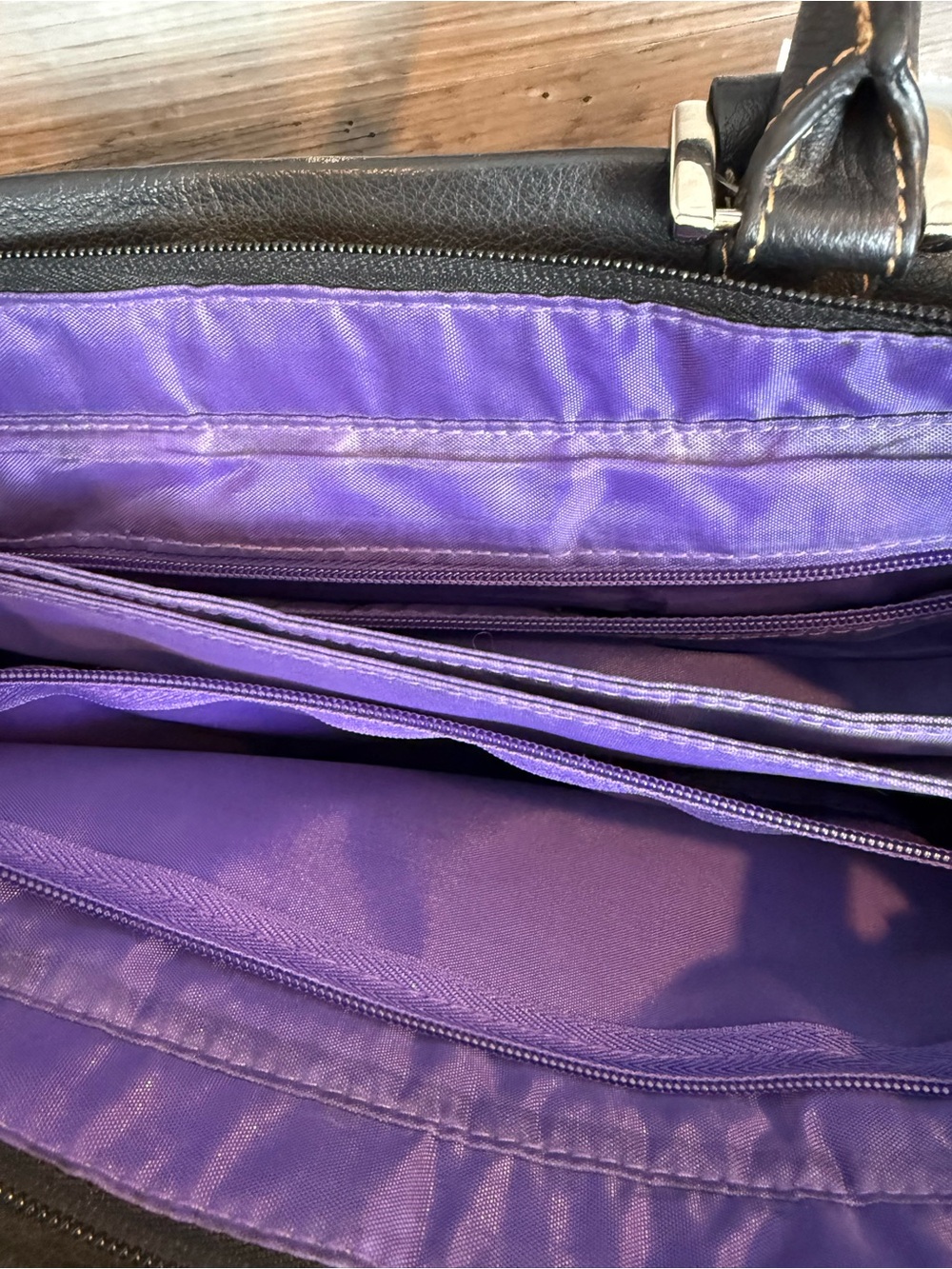 FranklinCovey Black Leather Laptop Bag Briefcase Tote Crossbody Satchel Purple - Picture 6 of 9